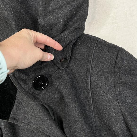 Donnybrook Coat Womens Large Wool Blend Hooded Velvet Trim Button Front Long - Picture 7 of 14